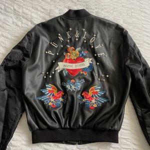 ZARA Black Faux Leather Bomber Jacket - Zip up